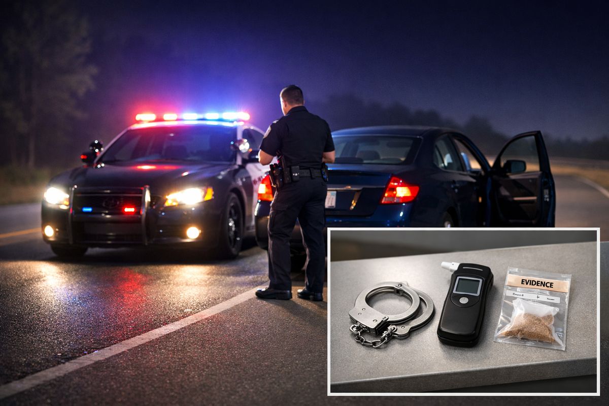 A nighttime roadside arrest scene with a police car parked behind a stopped sedan, an officer standing near an open driver-side door, and a pair of handcuffs, a breath test device, and a small evidence bag laid out on a jail intake counter in a separate inset view.