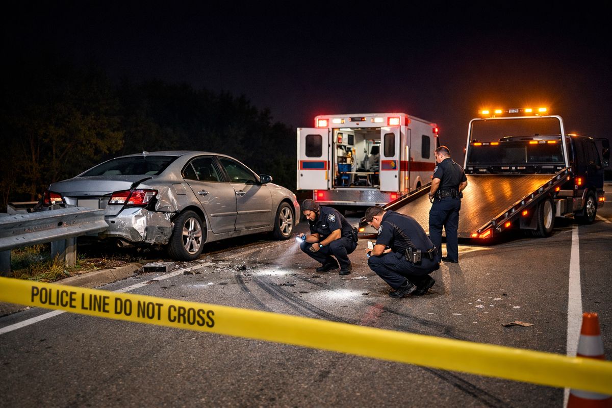 A nighttime roadside crash scene with a damaged sedan pulled partly onto the shoulder, a dented guardrail, police tape, an ambulance with its rear doors open, and a tow truck preparing to load the vehicle while officers examine skid marks and debris on the pavement