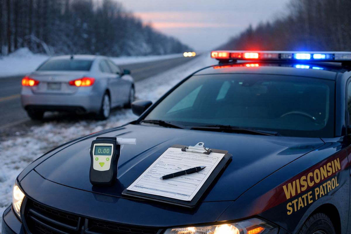 A Wisconsin highway patrol car parked beside a pulled-over sedan on a snowy roadside at dusk, with a breathalyzer device and citation paperwork visible on the vehicle's hood