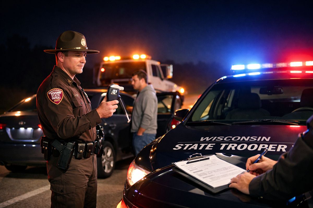 A nighttime roadside scene with a Wisconsin state trooper beside a stopped sedan, a breath-testing device in hand, a tow truck in the background, and a driver standing near the open car door while paperwork is being completed on the hood of the patrol vehicle