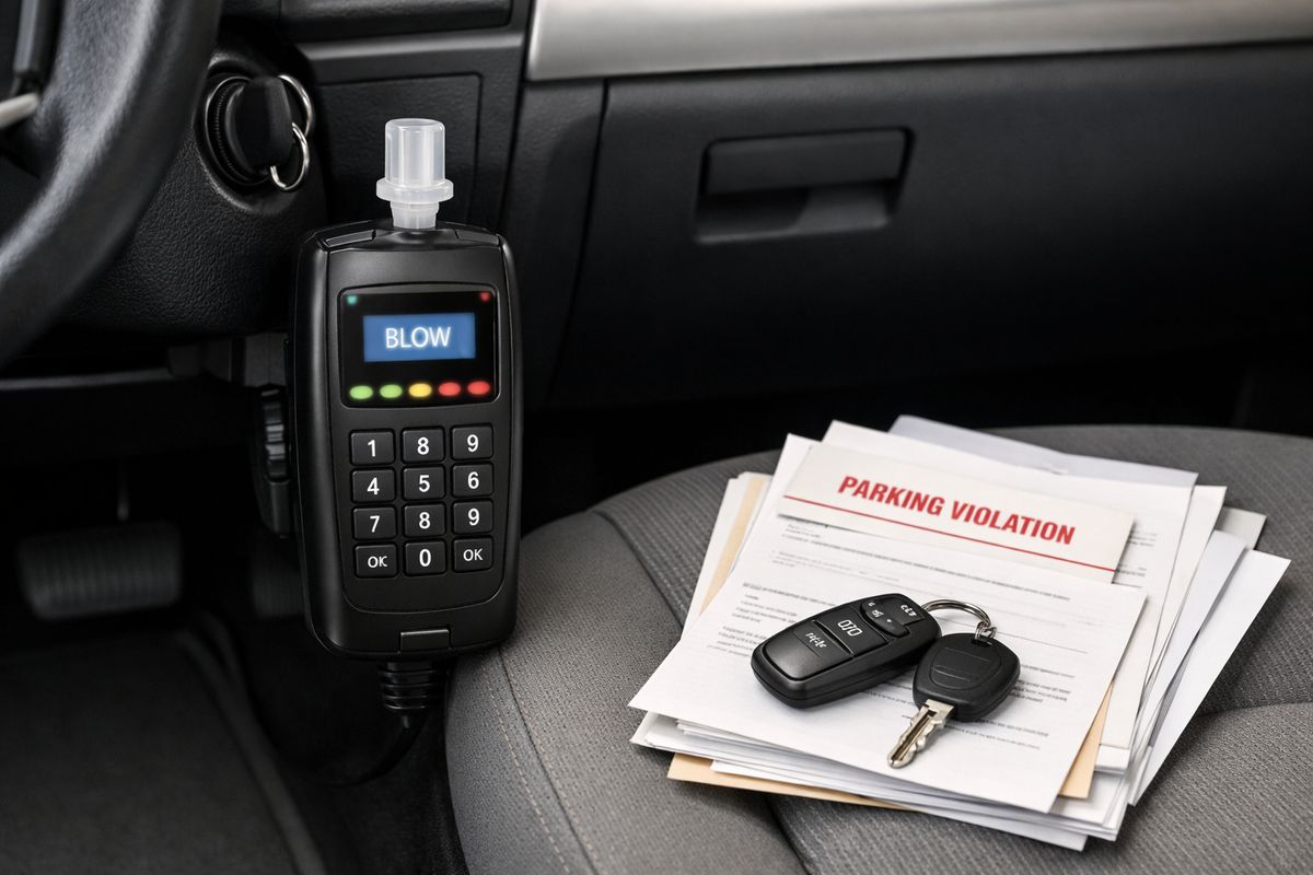 A car ignition system with an ignition interlock device mounted below the steering wheel, a handheld breath tube attached to it, and a set of car keys resting beside a stack of parking tickets and court paperwork on the passenger seat