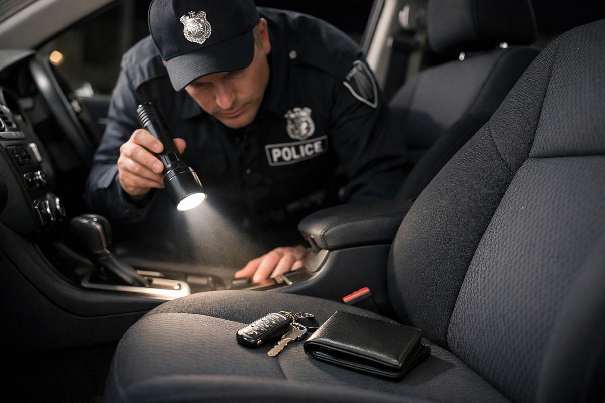 A police officer examining the inside of a parked car at night, with a flashlight aimed at the area under the front seat and the center console, while a pair of keys and a wallet sit visible on the passenger seat