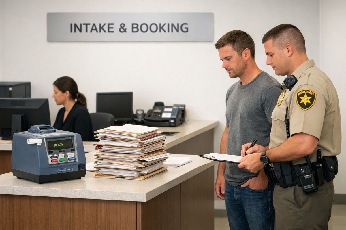 A courthouse intake area with a booking counter, stacked paperwork, a breath-testing machine on a side table, and a driver standing beside a deputy while being processed after arrest