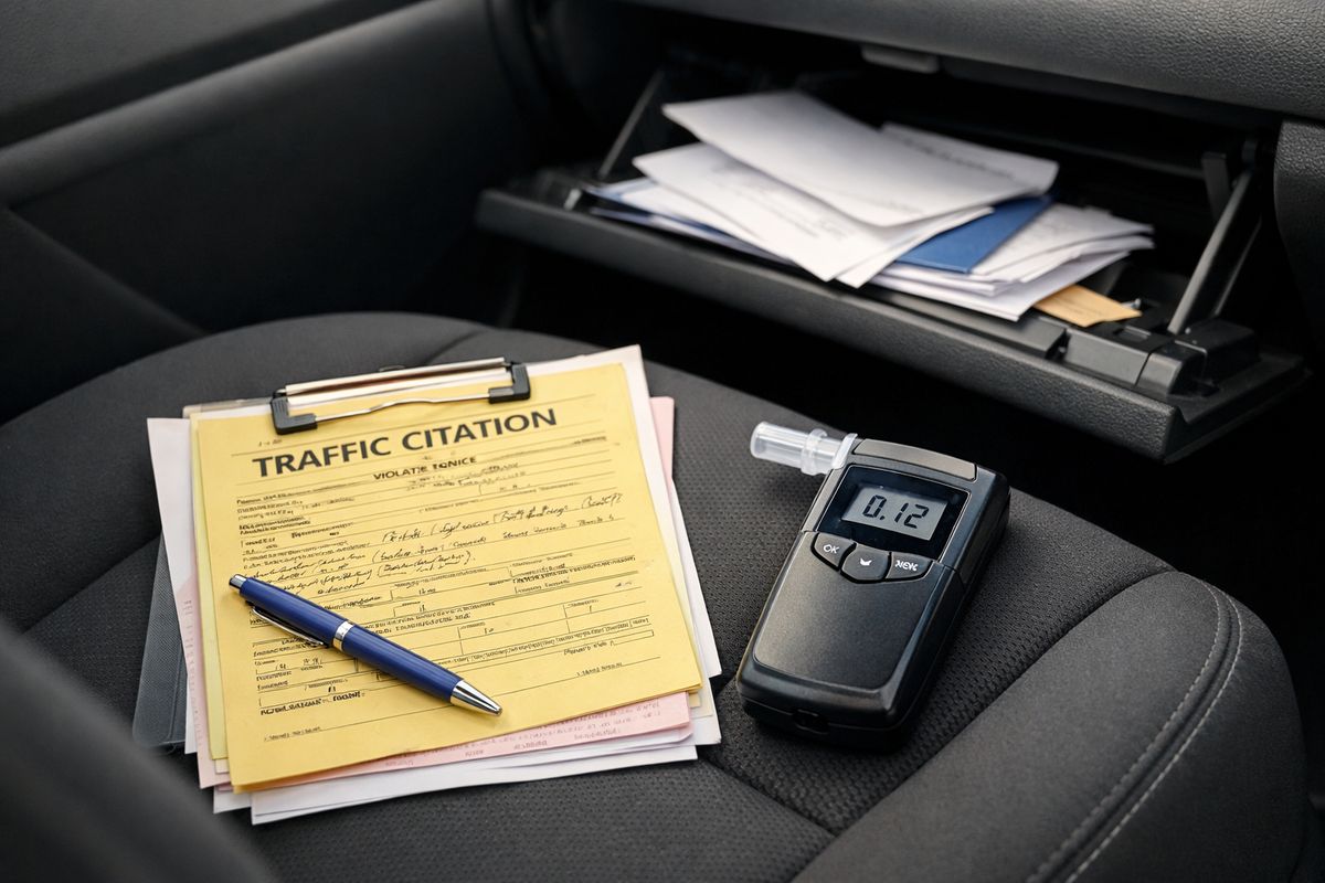 A close-up scene of a traffic citation packet, a breath test device, and an open glove compartment with scattered documents on a car seat, suggesting the immediate aftermath of an alcohol-related traffic stop and testing process