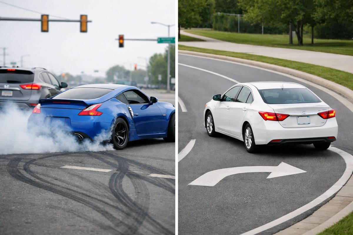 A split roadway scene showing one car drifting through an intersection with another vehicle nearby, contrasted with a second car making a normal cautious turn on a different lane of the road, emphasizing the difference between risky driving and routine traffic movement