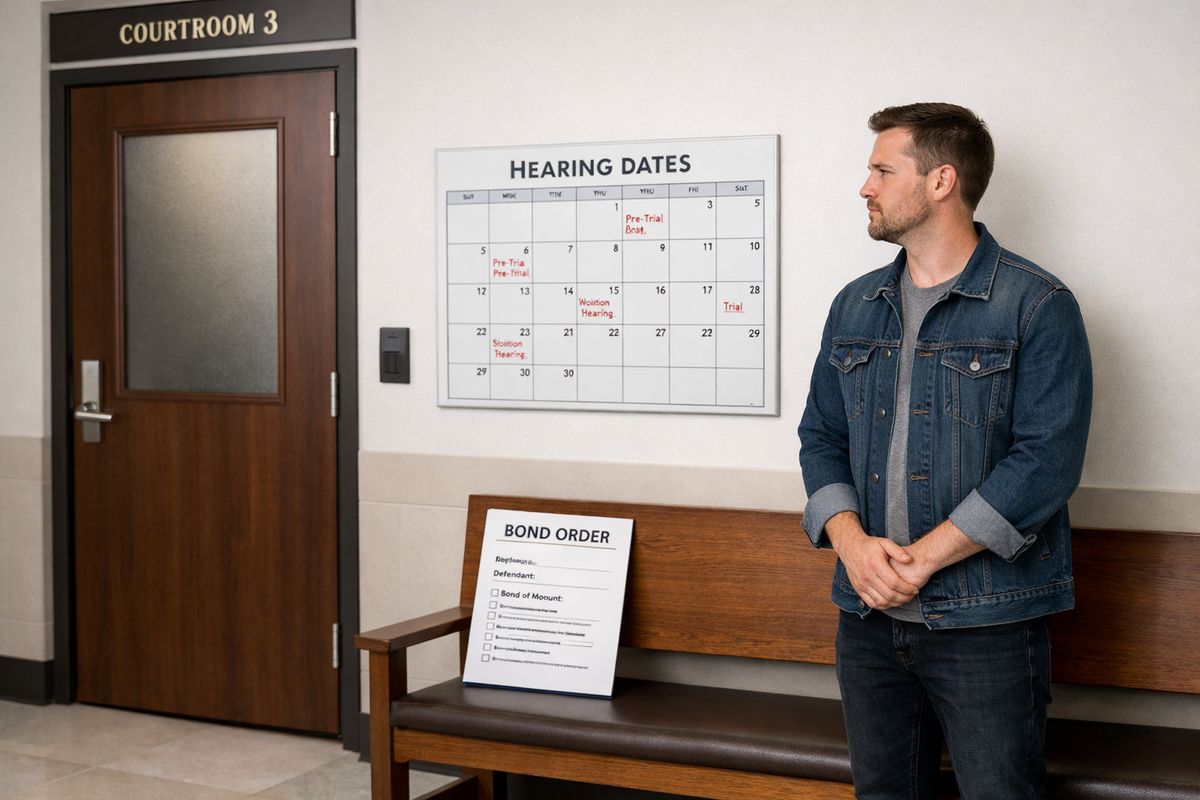 A courthouse hallway with a defendant standing near a bench beside a paper bond order, a calendar of hearing dates, and a closed courtroom door