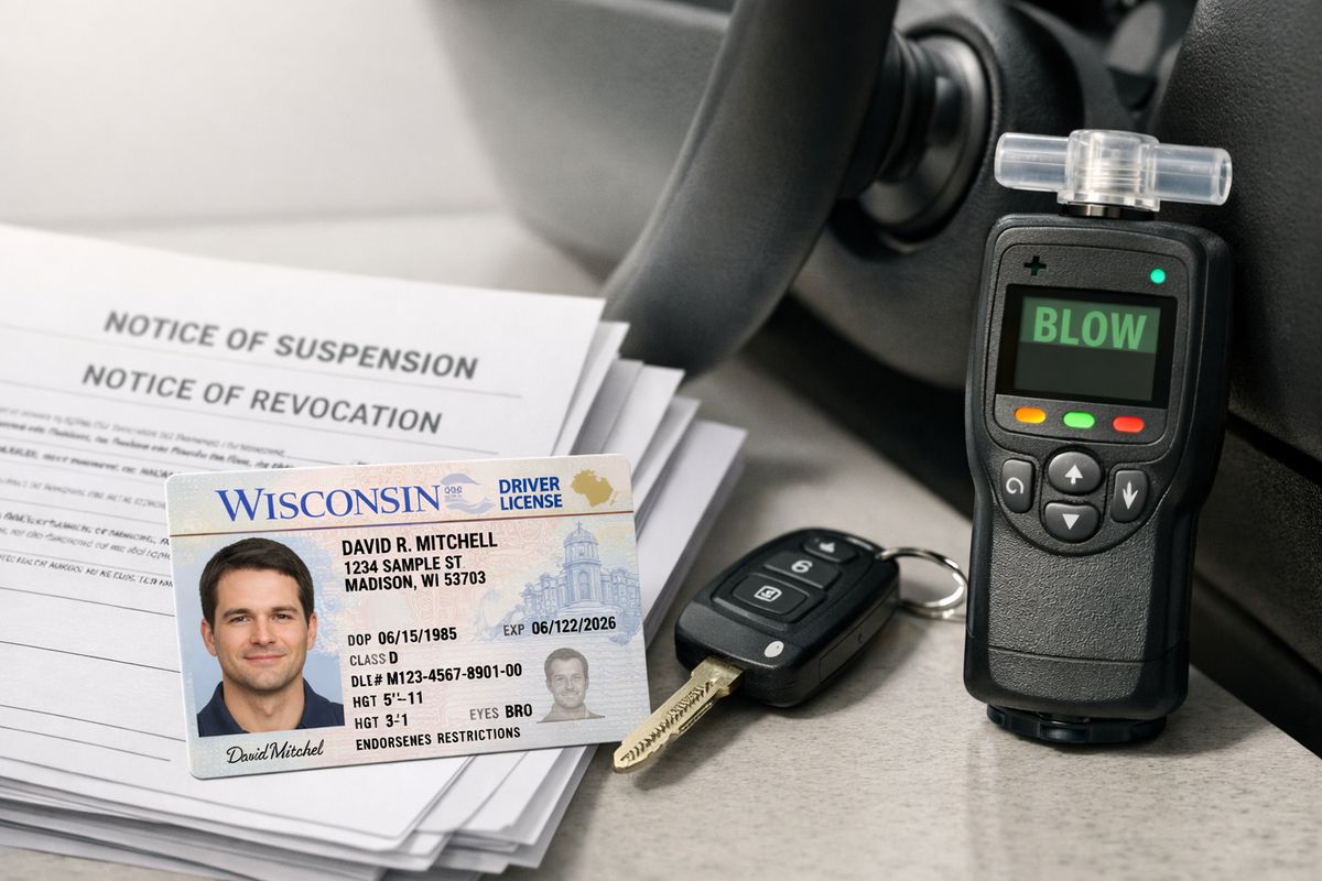 A close-up of a Wisconsin driver’s license next to a stack of official suspension and revocation paperwork, a car key, and an ignition interlock device mounted near a vehicle’s steering column.