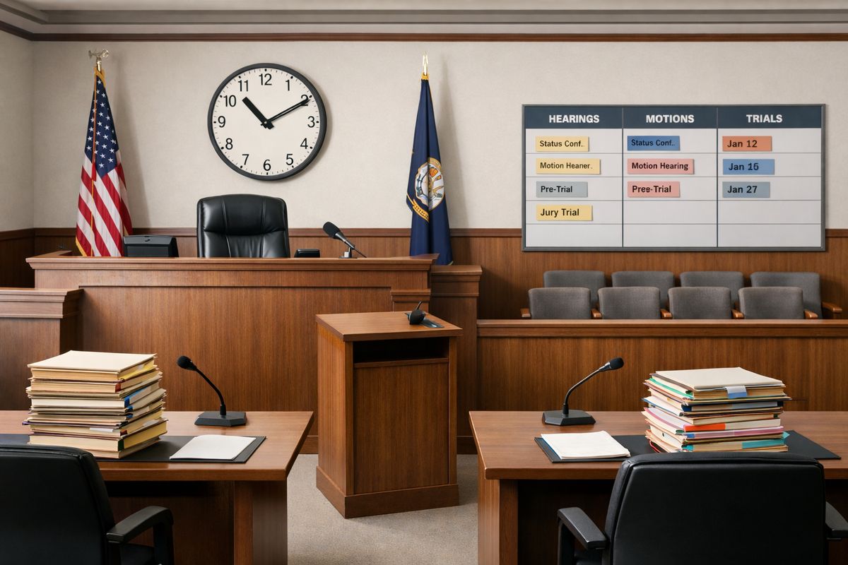 The interior of a county courthouse courtroom with a judge’s bench, counsel tables, a lectern, stacks of case files, and a wall clock, with an empty jury box and a calendar board in the background to suggest the sequence of hearings, motions, and trial dates