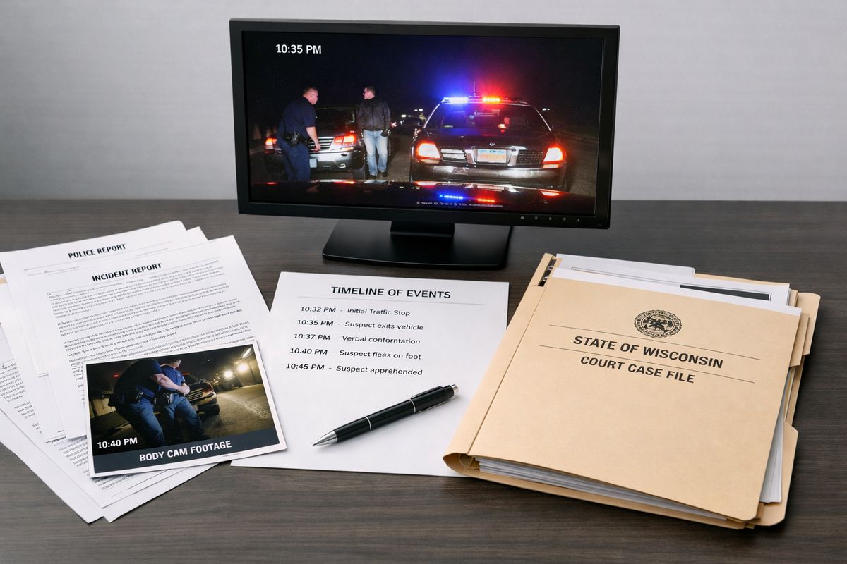 A legal case review scene with printed police reports, a dashcam video frame on a monitor, a body camera still, a timeline of events marked on paper, and a Wisconsin courtroom file folder open on a desk, suggesting comparison of written claims against video and records