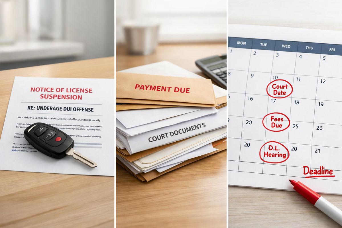A split scene showing a car key placed beside a notice of license suspension, a stack of fee envelopes and court papers on a kitchen table, and a calendar marked with several future deadlines, representing the loss of driving privileges and the added costs after an underage DUI case.