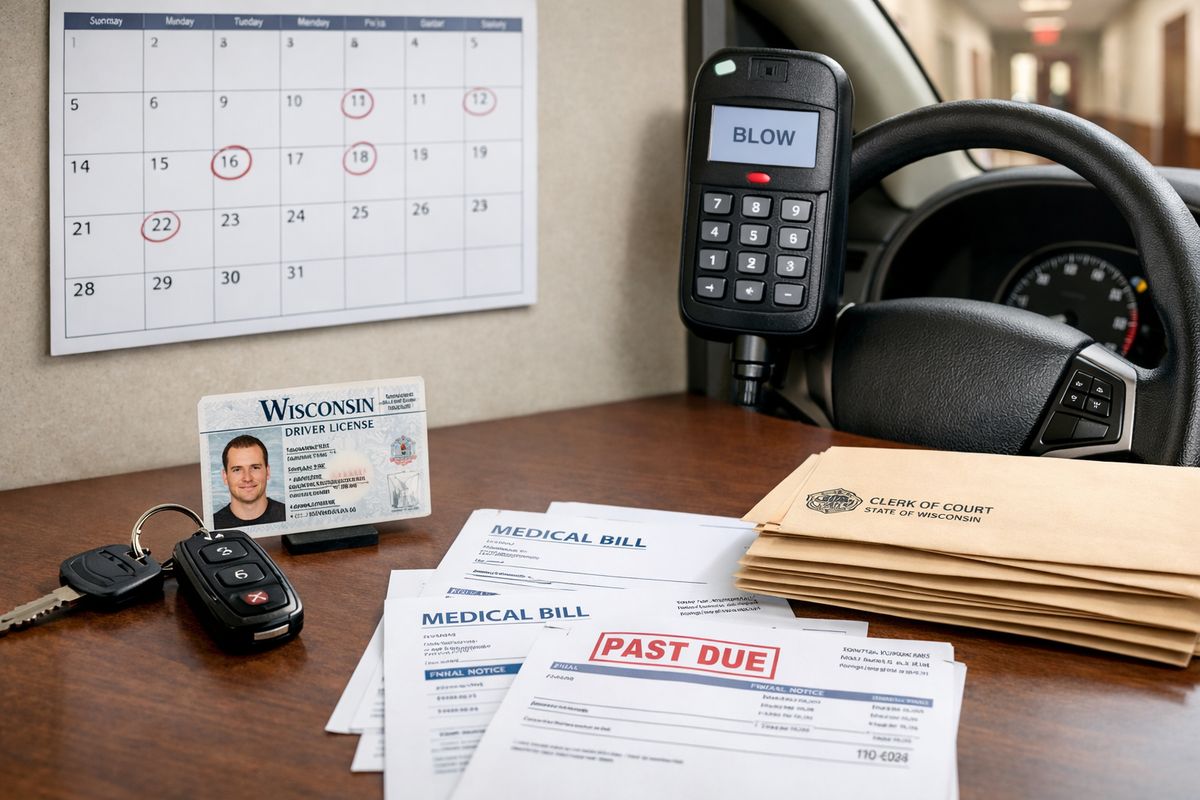A Wisconsin courthouse hallway beside a wall calendar and a set of car keys, with a suspended driver’s license card, an ignition interlock device mounted near a steering wheel, unpaid medical bills, and a stack of official court envelopes arranged on a table to show the immediate and long-term consequences of the case