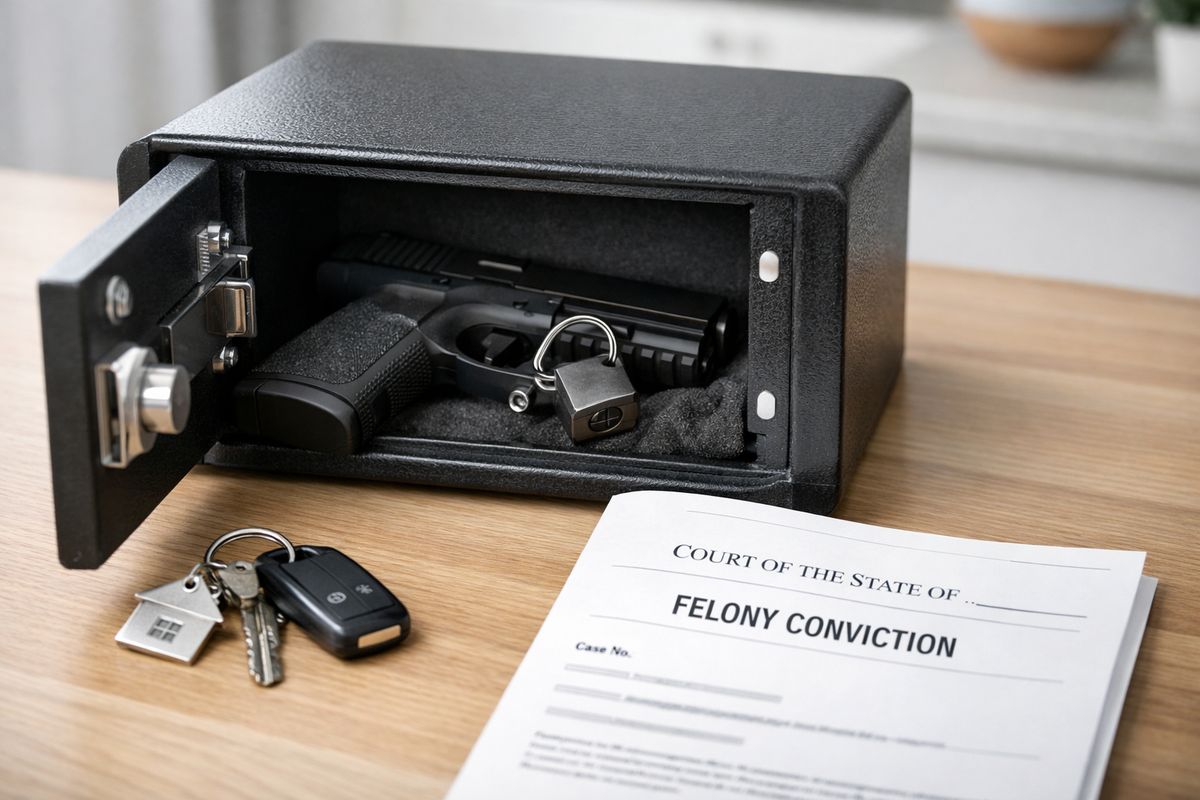 A close-up scene of a gun locked inside a metal safe beside a set of house keys and a folded courtroom document on a kitchen table, illustrating how a felony conviction can affect firearm possession and other long-term rights.