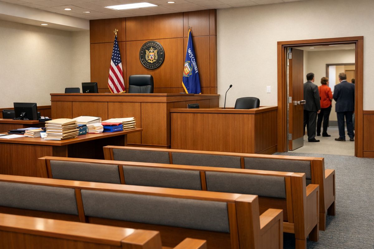 A Wisconsin courtroom interior with rows of wooden benches, a judge’s bench, an empty witness stand, and a clerk’s table covered with folders and case files while a few people stand waiting in the hallway outside the courtroom doorway