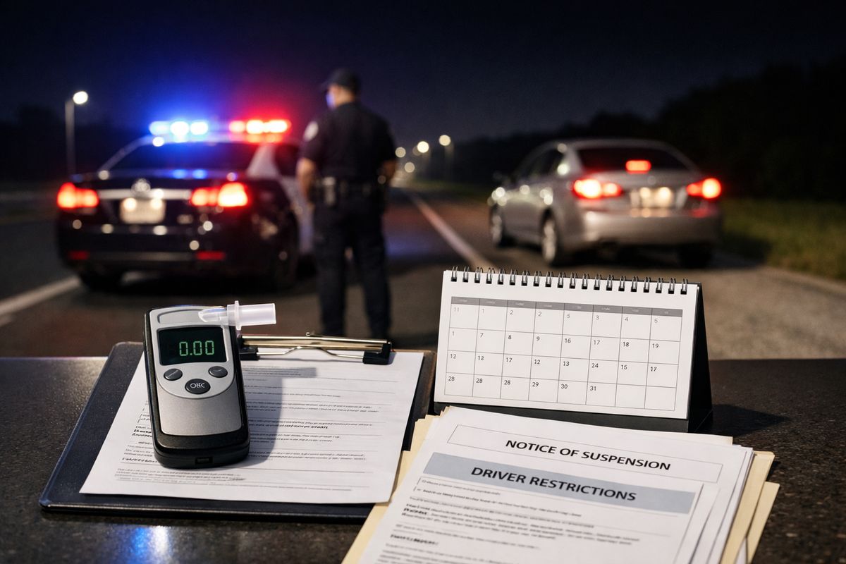 A night roadside arrest scene with a parked car on the shoulder, an officer standing near a patrol vehicle with flashing lights, a breath testing device on a clipboard, and an open calendar beside a stack of legal notices and driving-restriction paperwork