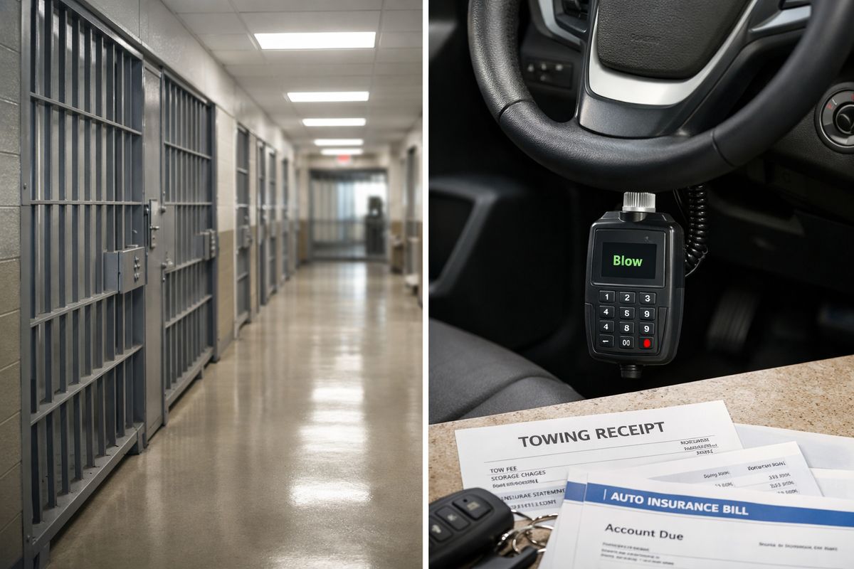 A split scene showing a county jail corridor on one side and a suspended car ignition interlock device mounted below a steering wheel on the other, with a tow receipt and insurance bills spread across a kitchen counter