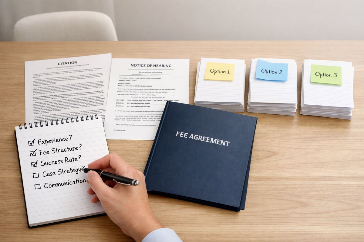 A dining table covered with a notepad, a printed citation, a court notice, a fee agreement folder, and three neatly arranged stacks of comparison notes, with a pen tracing through a list of questions about experience, fees, and case handling