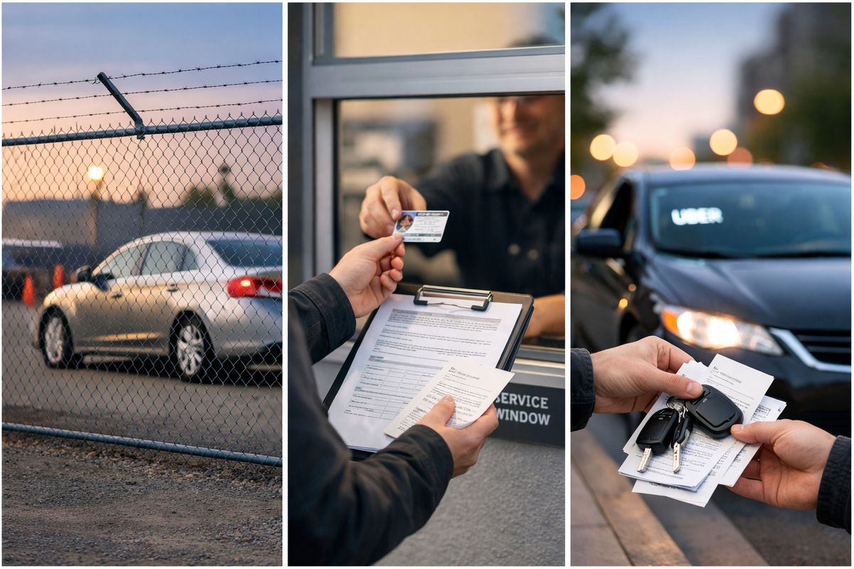 A tow yard lot at dusk with a car parked behind a chain-link fence, a person at the service window holding an ID and paperwork, and a stack of receipts and keys being handed over beside a parked rideshare car waiting at the curb.