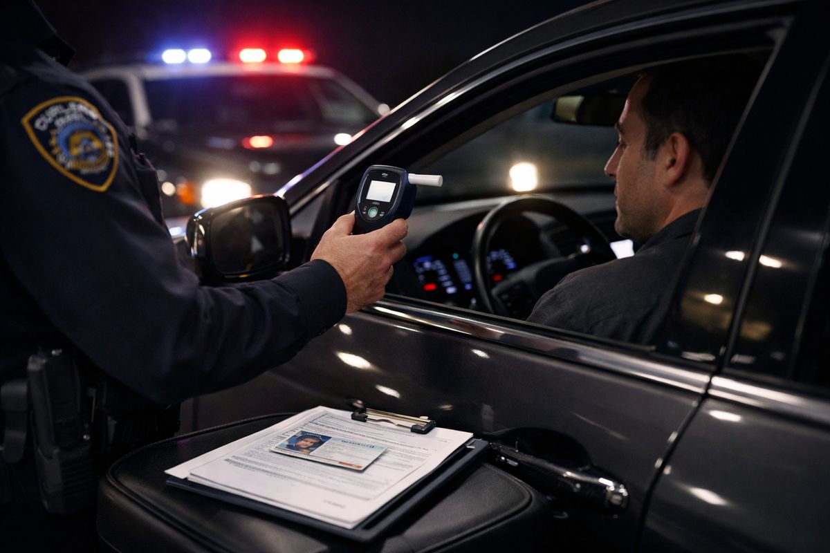 A police vehicle parked behind a stopped car at night while an officer holds a small handheld breath testing device near the driver’s window, with the driver inside the car and a set of documents on the center console, illustrating a post-arrest chemical test situation.