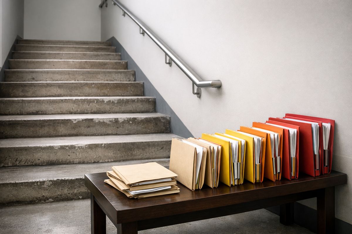 A courthouse stairwell with worn concrete steps, a metal handrail, and folders of court papers arranged on a bench, suggesting the climb from lower-level charges to harsher penalties