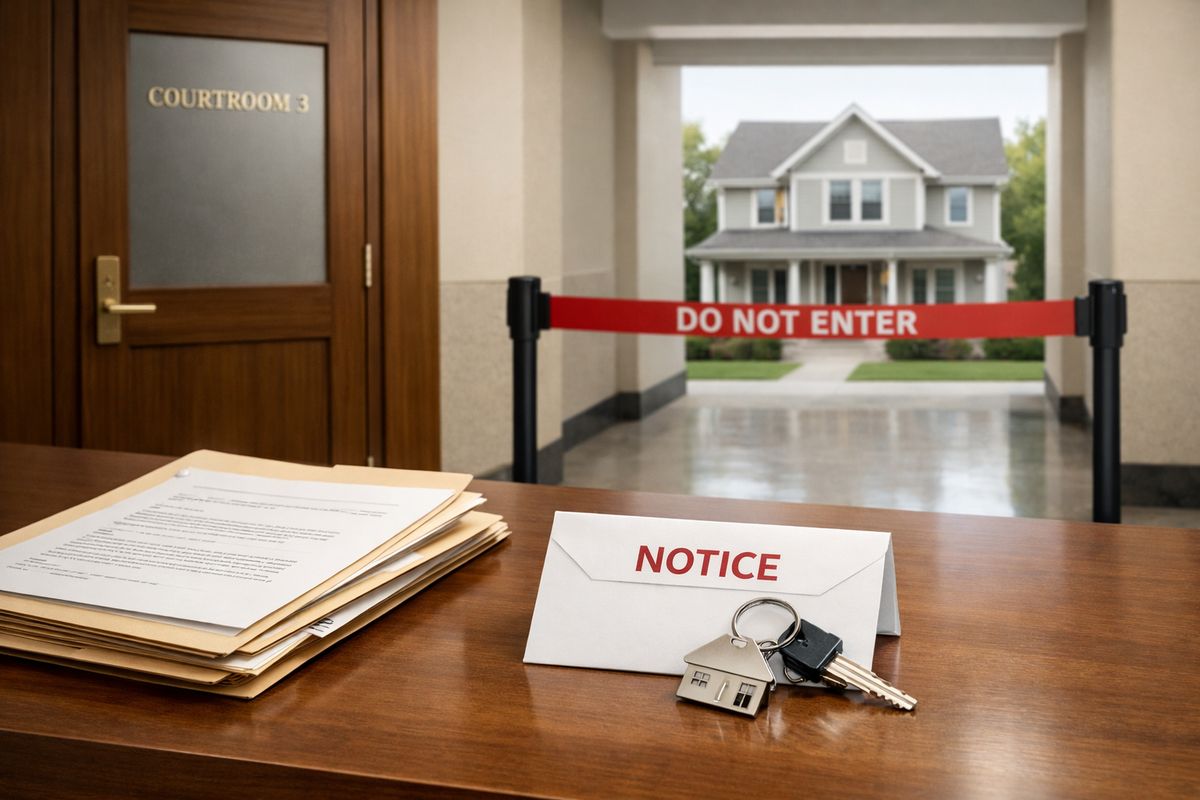 A courthouse hallway with a courtroom door, a stack of legal papers in a folder, a home keyring placed next to a notice envelope, and a family house in the background separated by a visible no-entry barrier near the doorway