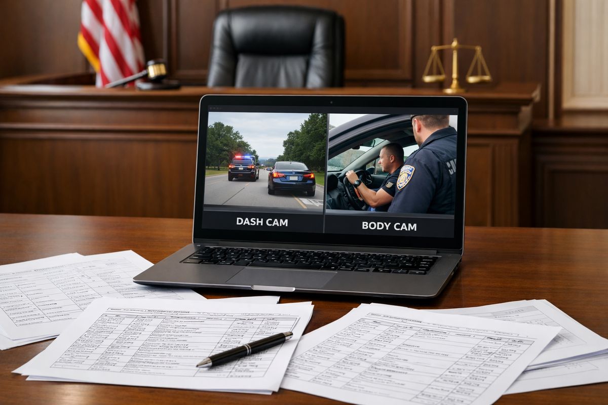 A courtroom evidence scene with a laptop showing dash cam and body cam footage of a traffic stop, printed dispatch logs spread across a table, and a judge’s bench visible in the background