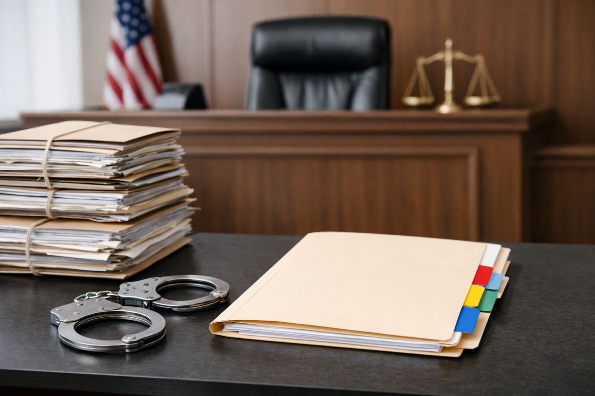 A courtroom scene with a judge’s bench in the background, stacks of case files on a table, and a set of handcuffs beside a manila folder marked by colored tabs, suggesting a serious felony-level case review