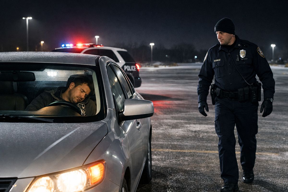A parked car at night in a cold Wisconsin parking lot with the engine running and headlights glowing, a person asleep in the driver’s seat, and a set of keys in the ignition, with a police cruiser stopped nearby and an officer approaching the vehicle.