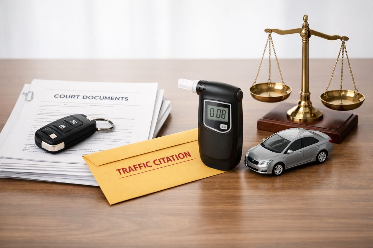 A tabletop arrangement showing a stack of court papers, a car key fob, a traffic citation envelope, a breathalyzer device, and a small model of a car beside a set of balance scales, suggesting legal and financial consequences.