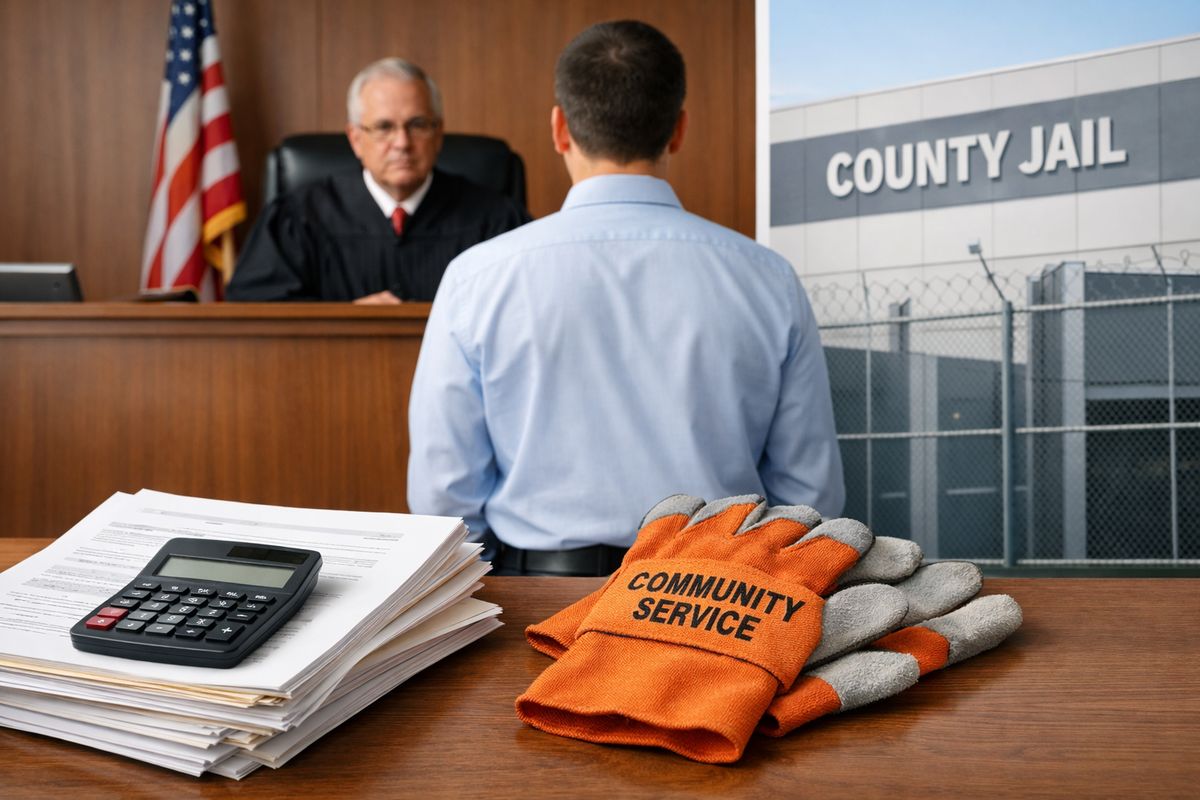 A courtroom sentencing scene with a person standing before a judge, alongside a stack of court papers, a calculator, a set of community service gloves, and a county jail exterior in the background to represent misdemeanor penalties and probation