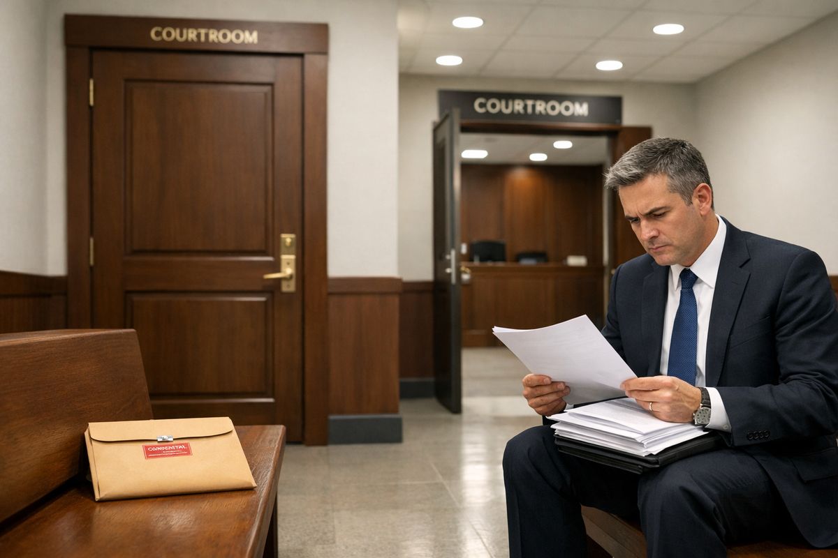 A tense courthouse hallway scene with a heavy wooden door, a sealed manila case file on a bench, and a serious-looking attorney reviewing documents under bright overhead lights, with the outline of a courtroom entrance nearby