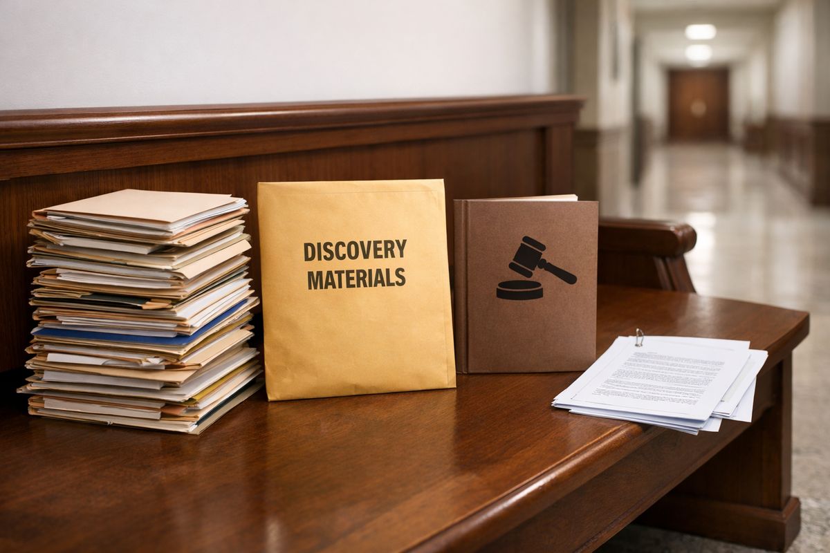 A courtroom hallway scene with a stack of case folders, a manila envelope of discovery materials, a folder marked by a gavel icon, and a set of papers arranged beside a courthouse bench, showing how case severity and procedural complexity can increase legal work