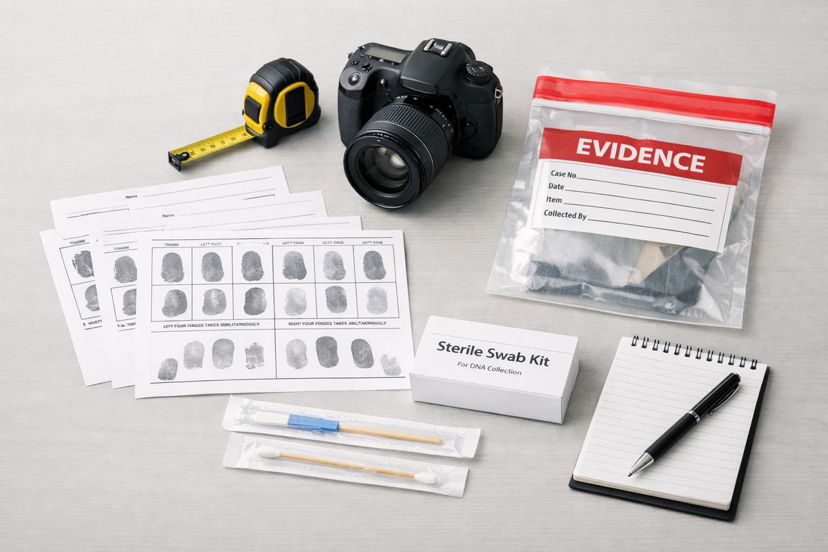 A tabletop arrangement showing a set of fingerprint cards, a camera, a tape measure, a swab kit, and a sealed evidence bag alongside a notepad, illustrating physical evidence collection rather than spoken statements.