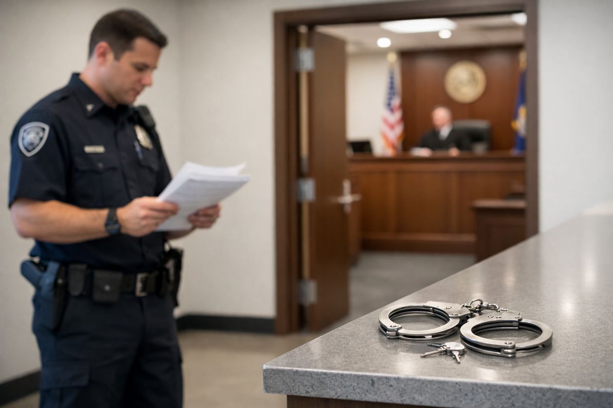 A hallway outside a courtroom with a uniformed officer holding booking papers, a set of handcuffs on a counter, and a judge’s bench visible through an open doorway, showing the progression from arrest and booking to the first hearing and release conditions
