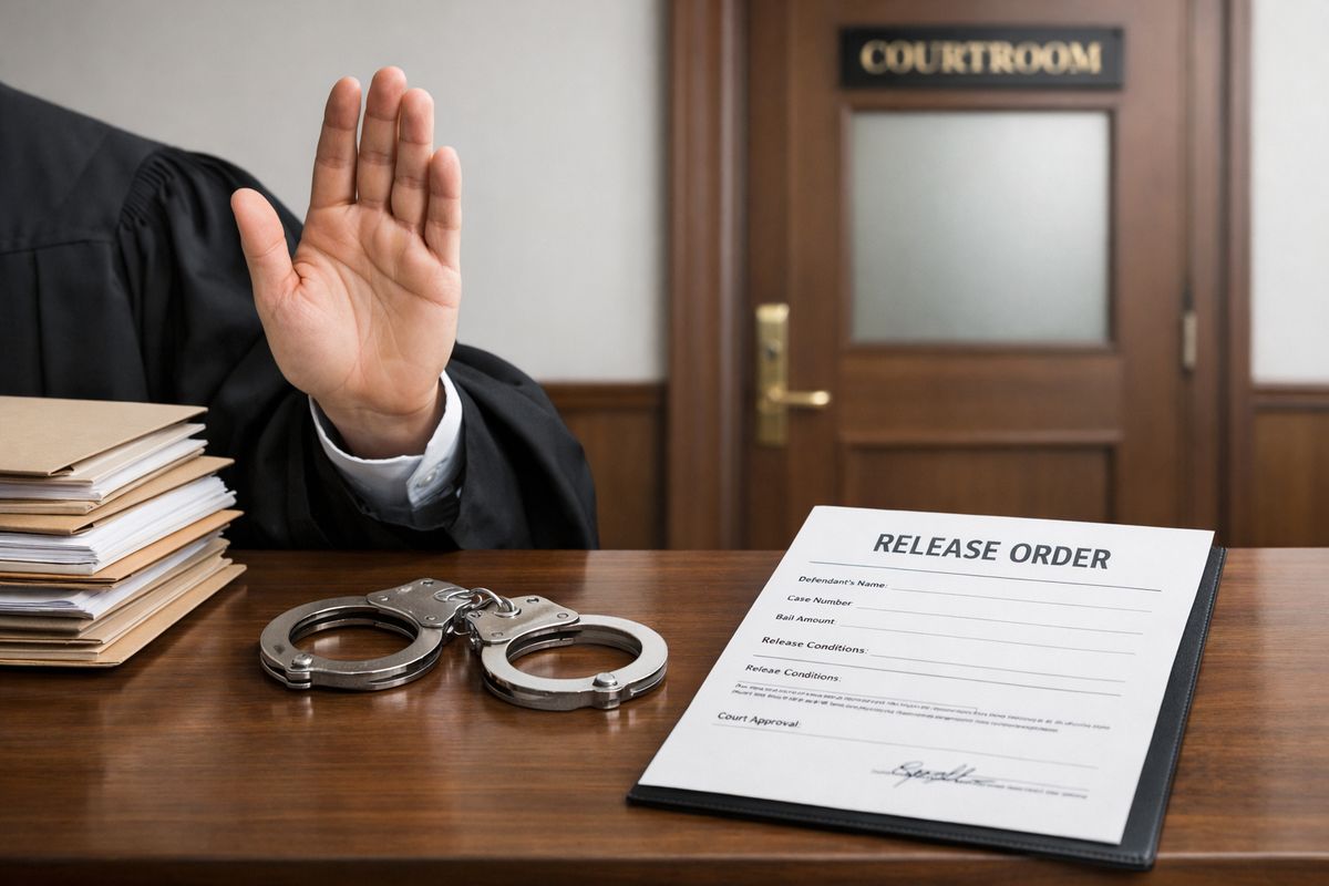A courtroom bench scene with a judge's raised hand near a stack of case files, a set of handcuffs on the table, and a printed release order beside a courthouse door to suggest release terms and bail decisions.