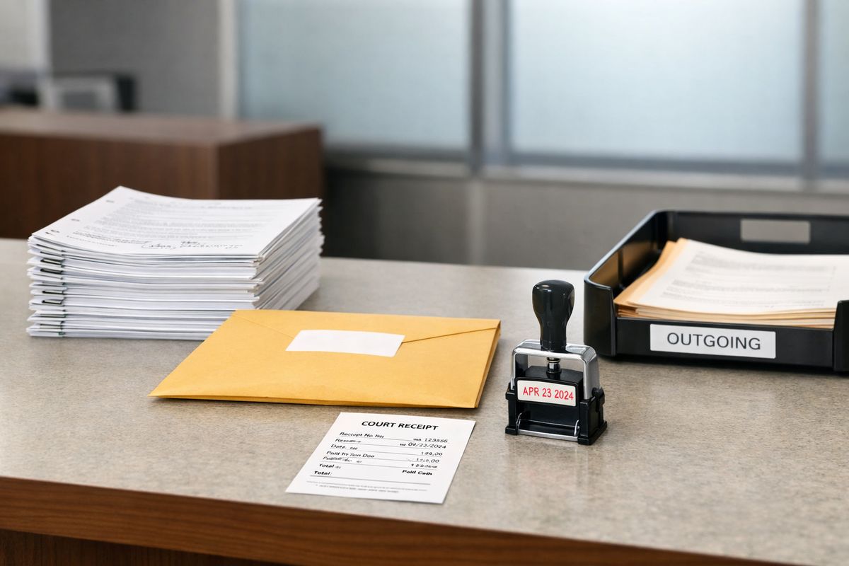 A courthouse filing counter with a stack of signed petition packets, a manila envelope ready for mailing, a receipt from a fee payment, and an inked date-stamp next to a tray of outgoing legal papers