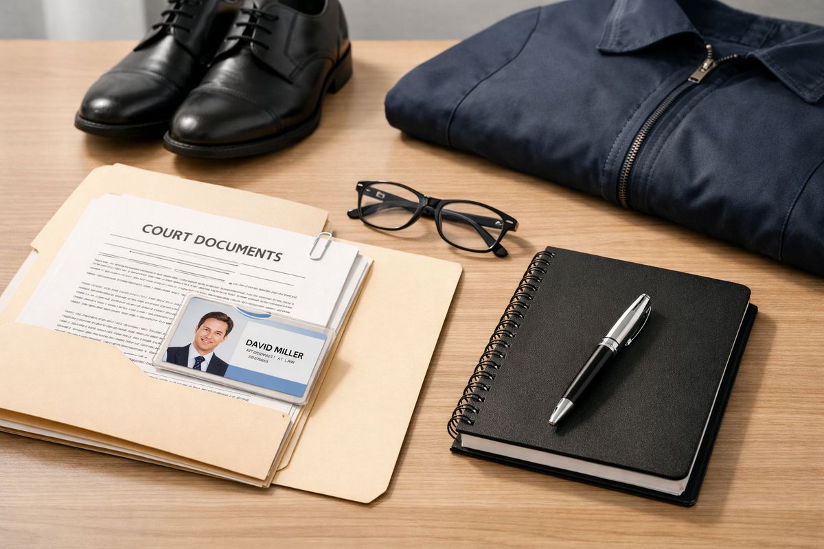 A neat courthouse preparation scene with a folder holding court papers, a photo ID card, a notebook, eyeglasses, and a pen laid out on a table beside a pair of closed dress shoes and a simple jacket, suggesting someone is getting ready to go to court.