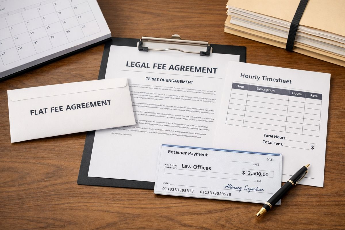 A close-up of a legal fee agreement on a desk with three different payment methods represented by a flat-fee envelope, an hourly timesheet page, and a retainer check, alongside a calendar and a stack of case files.