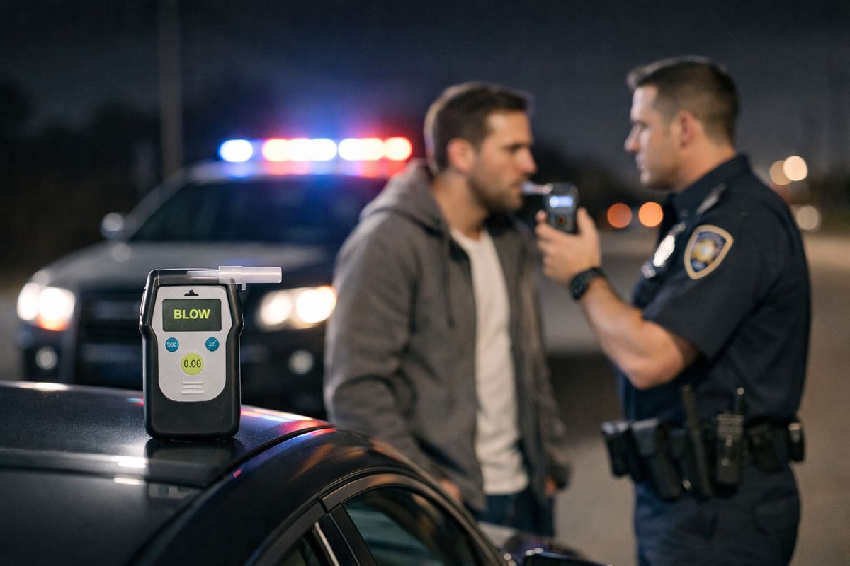 A roadside nighttime scene with a parked car, a breath testing device, a patrol vehicle with flashing lights in the background, and a driver standing near the car as an officer conducts a chemical test after an arrest