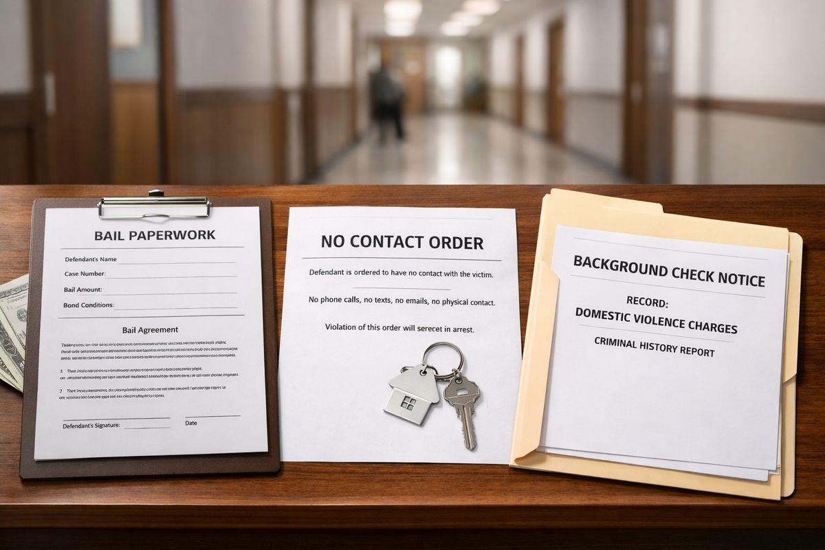 A courtroom hallway scene with a set of bail paperwork, a house key next to a no-contact order document, and a folder containing a background check notice, showing the immediate court consequences and long-term fallout of a domestic violence case.