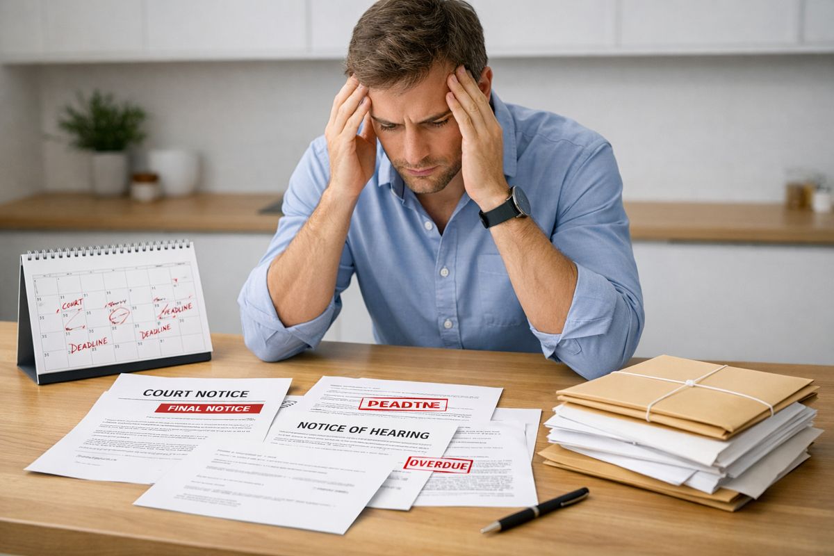 A stressed person standing at a kitchen table scattered with court notices, a calendar marked with deadlines, and an unopened stack of legal envelopes, showing missed paperwork and confusion about next steps