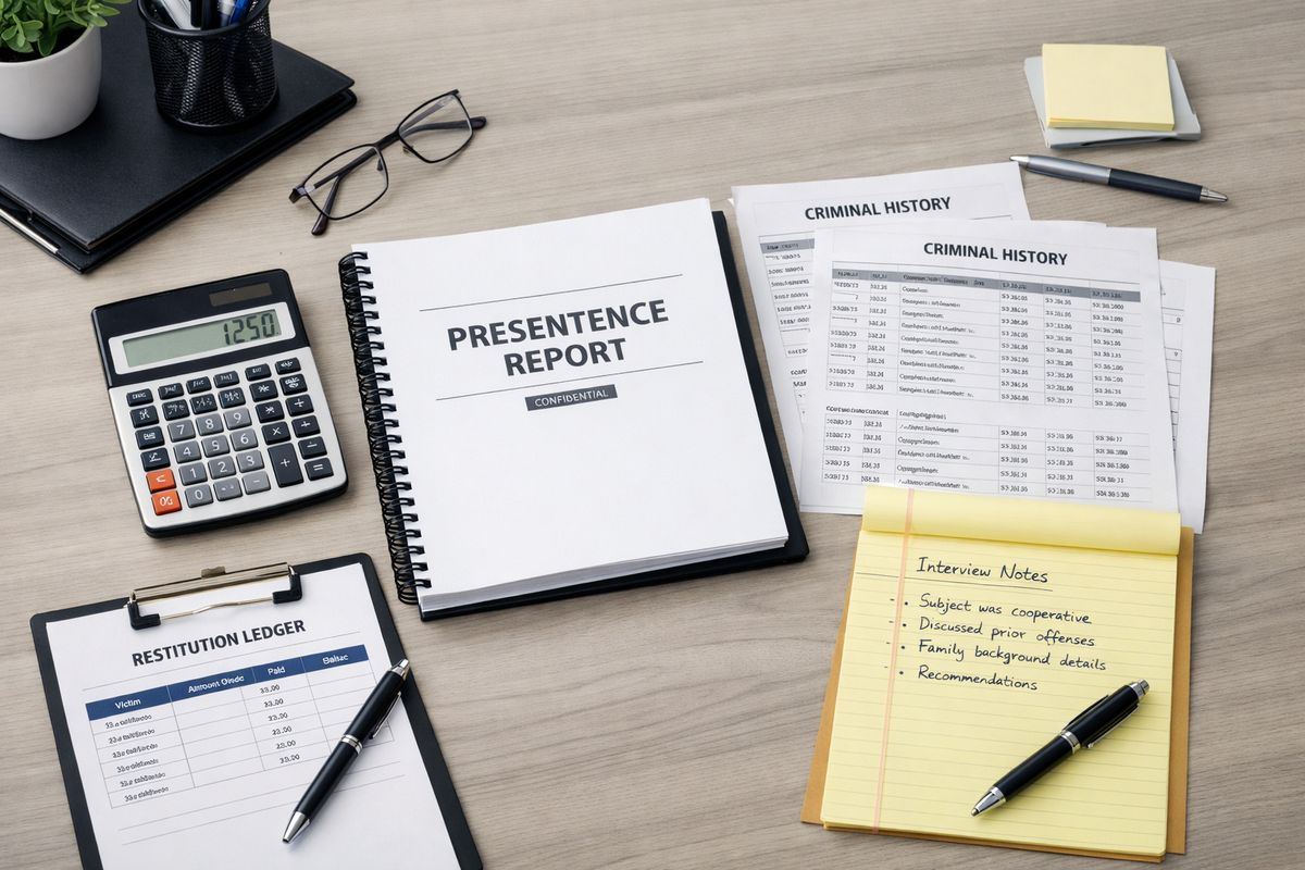 A probation officer’s desk covered with a bound presentence report, printed criminal history sheets, a calculator, a restitution ledger, and interview notes spread across the surface
