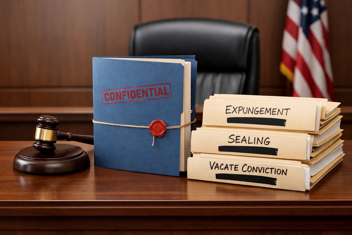 A courtroom bench with a judge’s gavel, a folder of sealed legal documents, and stacked manila case files labeled by hand with redacted covers, illustrating record-clearing steps like expungement, sealing, and vacating a conviction