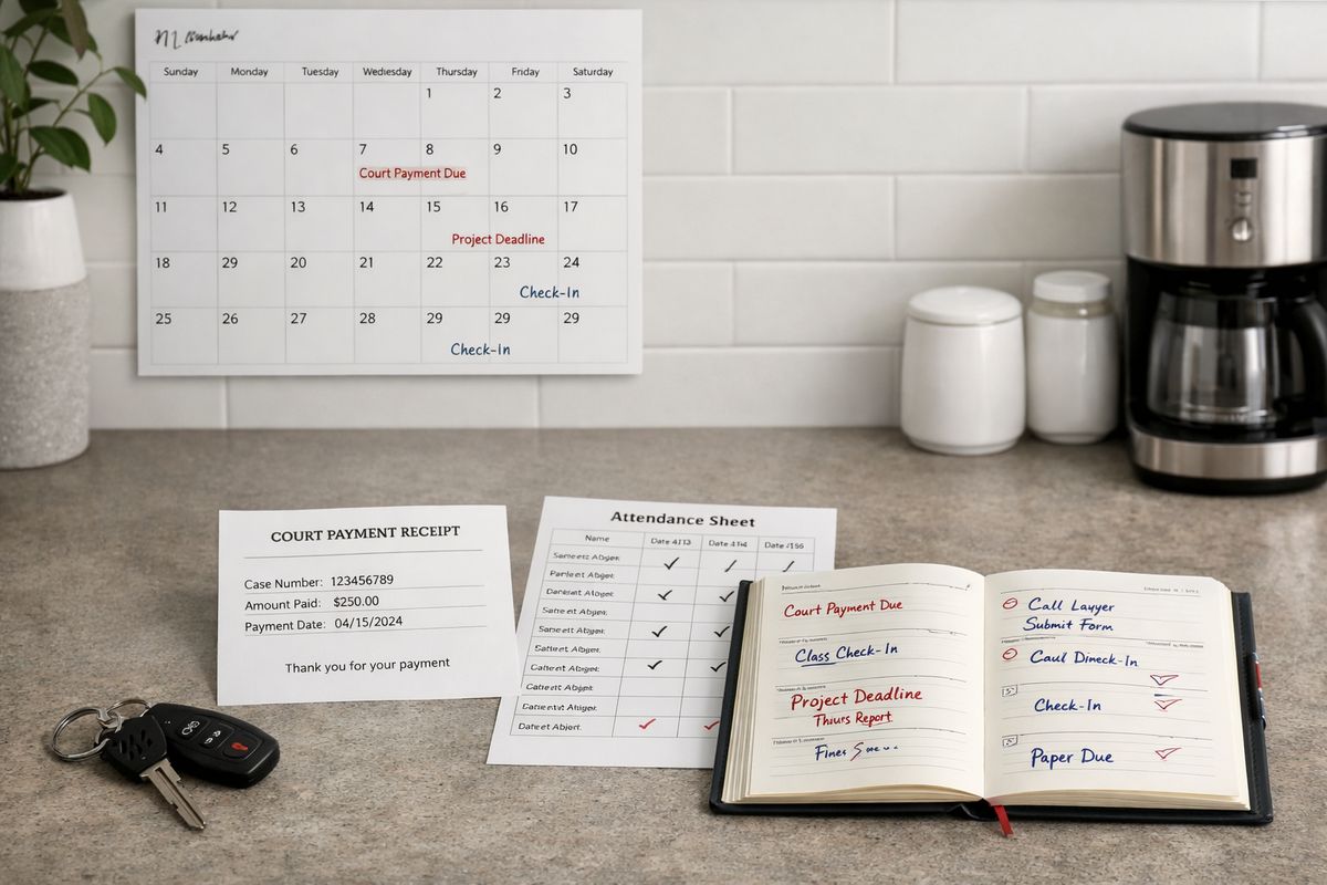 A home kitchen counter with a wall calendar, a set of car keys, a receipt for a court payment, a printed class attendance sheet, and a marked-up planner showing multiple deadlines and check-in dates