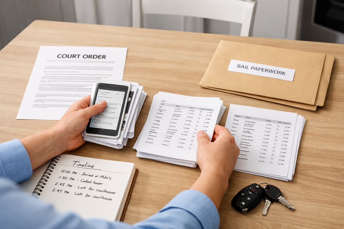 A kitchen table covered with a court order printout, a stack of phone screenshots, call logs, a notebook with a handwritten timeline, an envelope of bail paperwork, and a set of car keys beside the papers, with a person’s hands arranging the documents into neat piles.