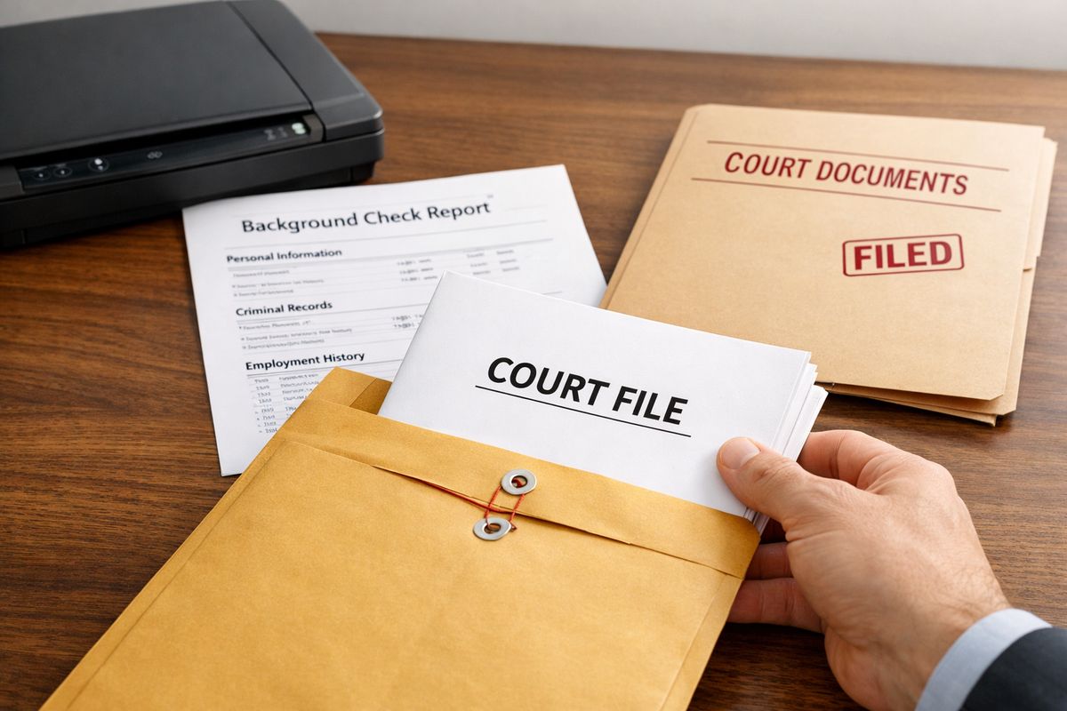 A close-up of a court file being placed into a sealed manila envelope, with a desktop scanner, a background-check report, and a stamped court folder sitting nearby on a wooden table