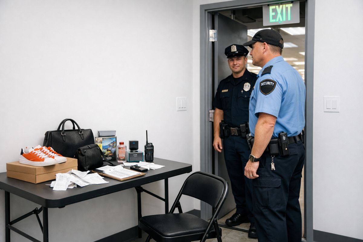 A small store security office near an exit, with a folding chair, a table holding recovered merchandise, receipts, and a radio, while a uniformed security guard stands beside an open door and a police officer waits in the doorway during a detention and arrest scene