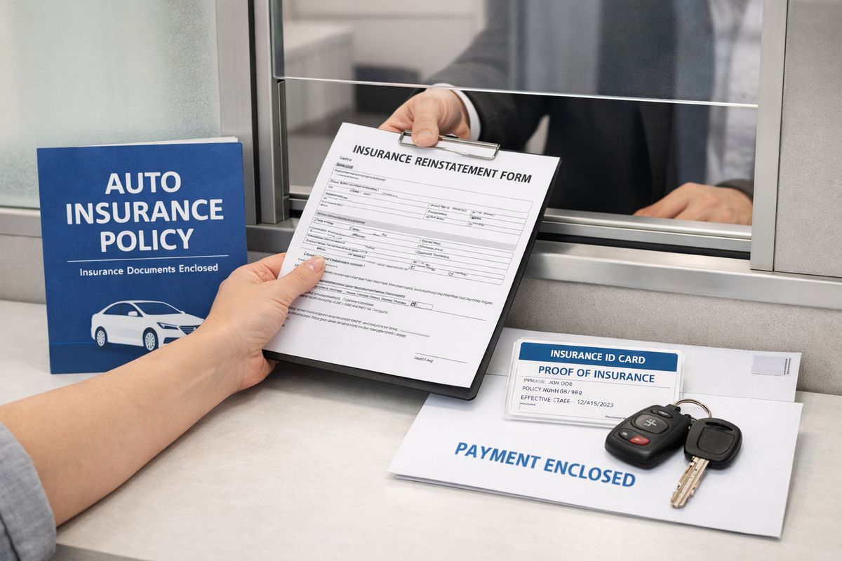 A car insurance scene showing an insurance policy packet, an insurer’s form being submitted through an office window, and a car key with an active policy card and payment envelope laid out together, emphasizing proof of coverage for license reinstatement