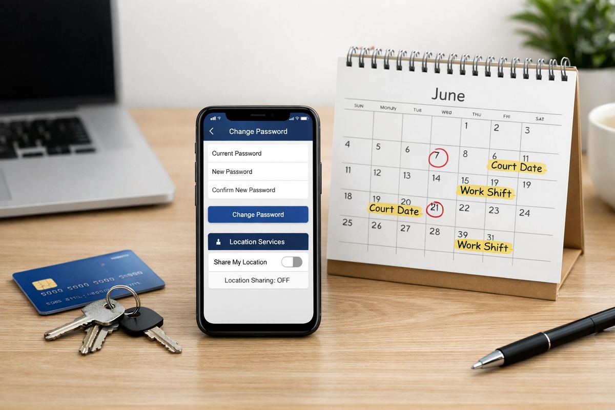 A home office desk with a phone on settings screens for password changes and location sharing turned off, a bank card and house keys set aside, and a calendar nearby marked with court dates and work shifts, showing practical day-to-day security preparation.