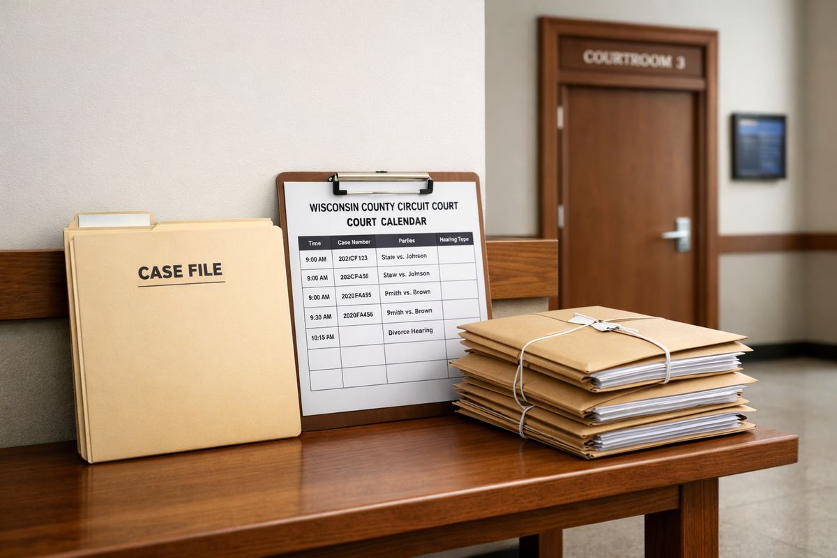A courtroom hallway in a Wisconsin county courthouse with a file folder, a court calendar, and a stack of sealed paperwork on a bench, suggesting local court procedures and case deadlines