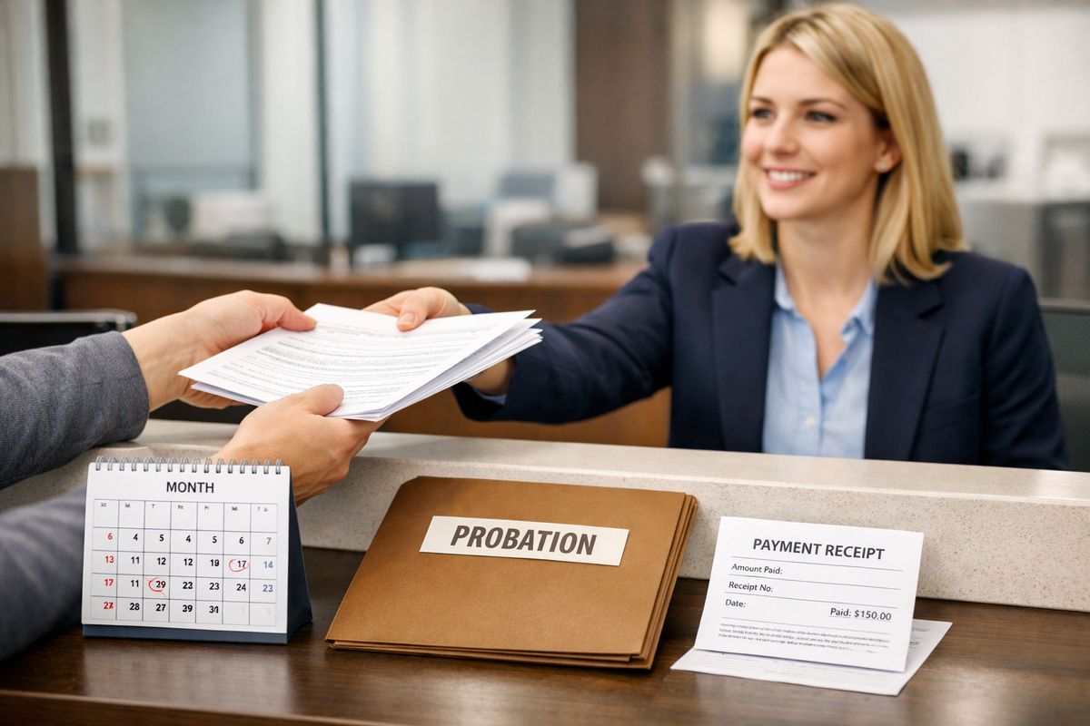 A courthouse scene with a person handing a packet of forms to a clerk at the counter while a calendar, a probation folder, and a payment receipt sit beside the paperwork, suggesting the steps and requirements involved in seeking record relief.